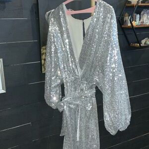Anthropologie Silver Sequin Dress with Balloon Sleeves 1X NWOT